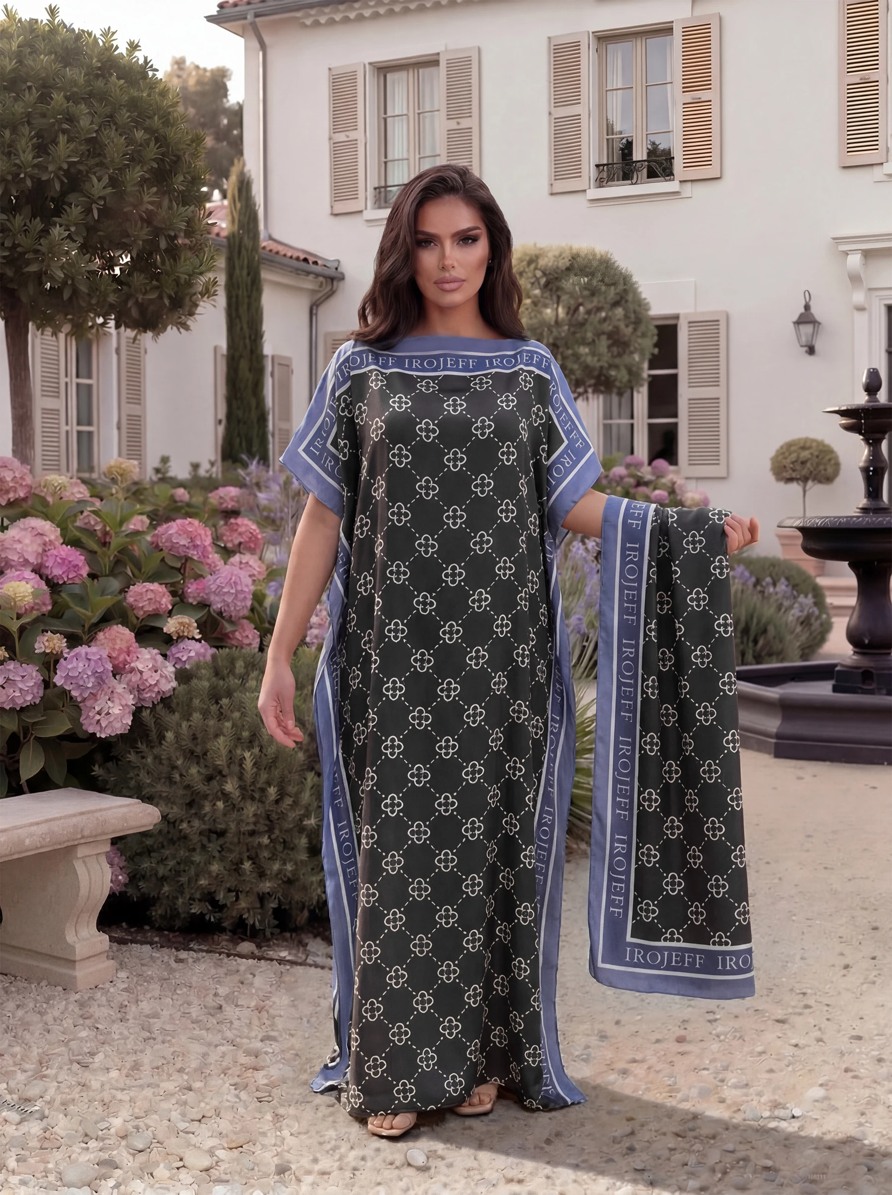 Clover Geometric Print Satin Abaya Scarf Set, Loose Batwing Kaftan For Muslim Women Summer Holiday Wear - view 3