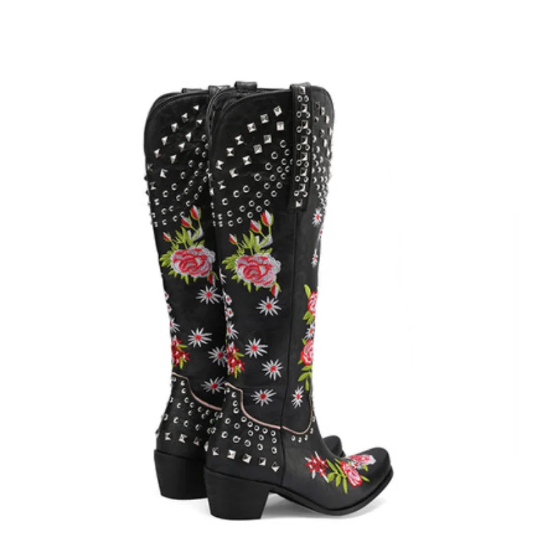 Women's Ethnic Embroidery Flower Western Cowboy Cowgirl Boots Kneehighs Boots Cowgirl High Heels Pointed Toe Vintage Style image 5