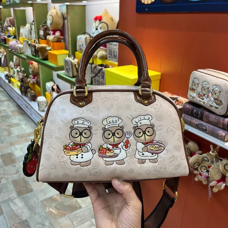 CREAM BEAR Cute Cartoon Doll Small Handbag Boston Pillow Bag Versatile Fashion Single Bag Crossbody Bag for Women New Trend 2024