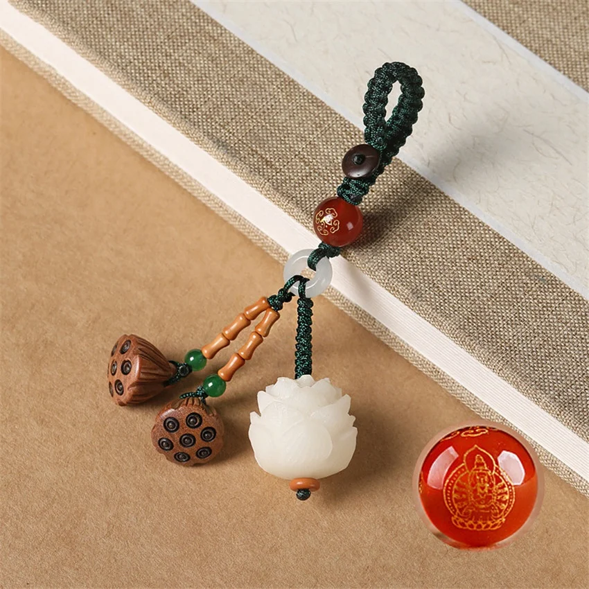 Chinese Style Bodhi Lotus Flower Keychain Vintage Beads Pendant Keyring for Mobile Phone Ben ming Buddha Pendant Car Key Decor