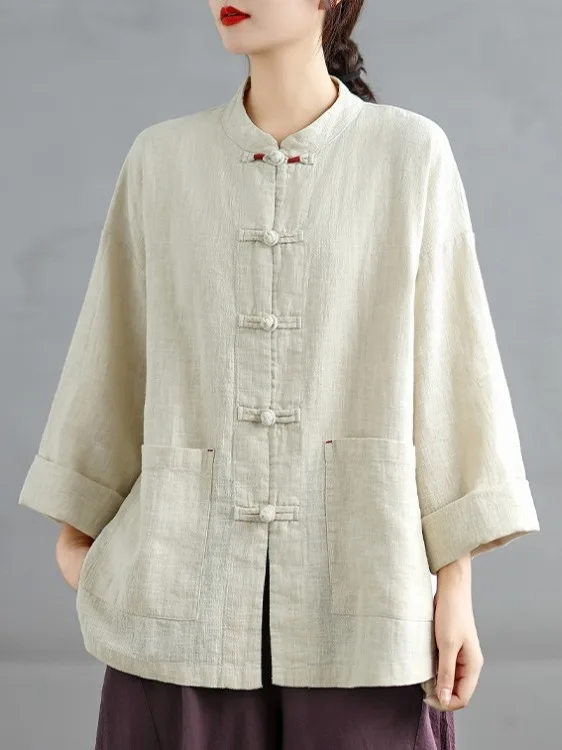 

Ретро-кардиган в стиле дзен с двойными пуговицами, длинными рукавами, свободного кроя, женская рубашка-жакет большого размера с воротником-стойкой