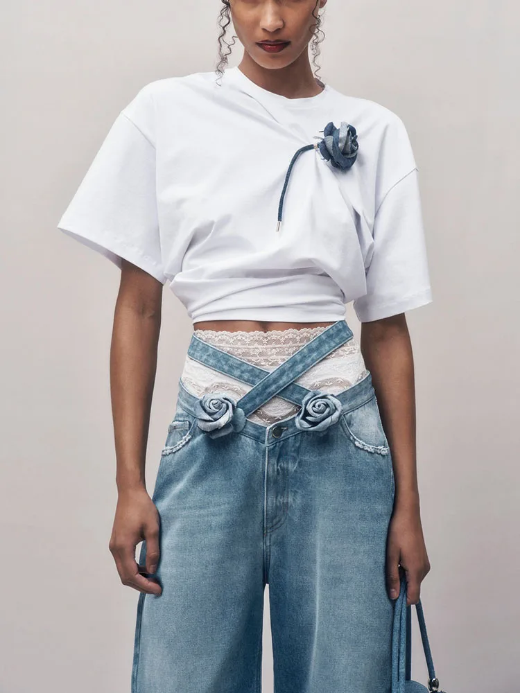 

Spring Summer Denim Flower Brooch Shrunken Pleat Waist Women's t-shirt2024korean fashion Round Neck Short Sleeve crop top women