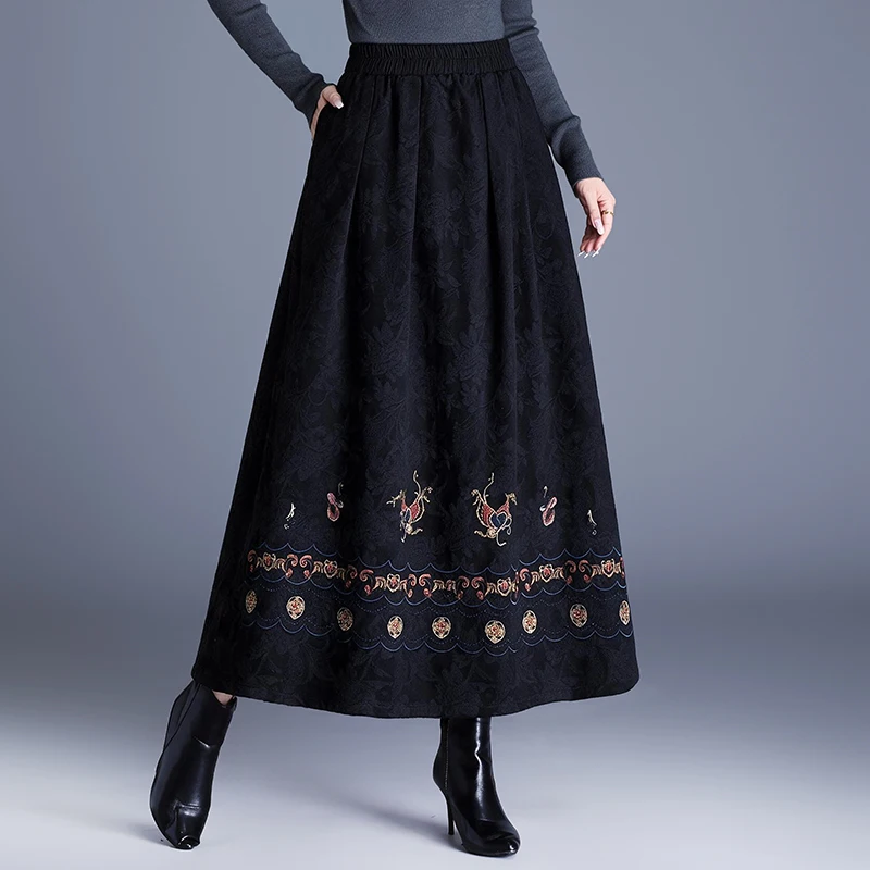 Elegant Embroidered A-Line Skirt Women's High Waist Flared Skirt Polyester Fabric Chinese National Style Autumn Winter New Ar...