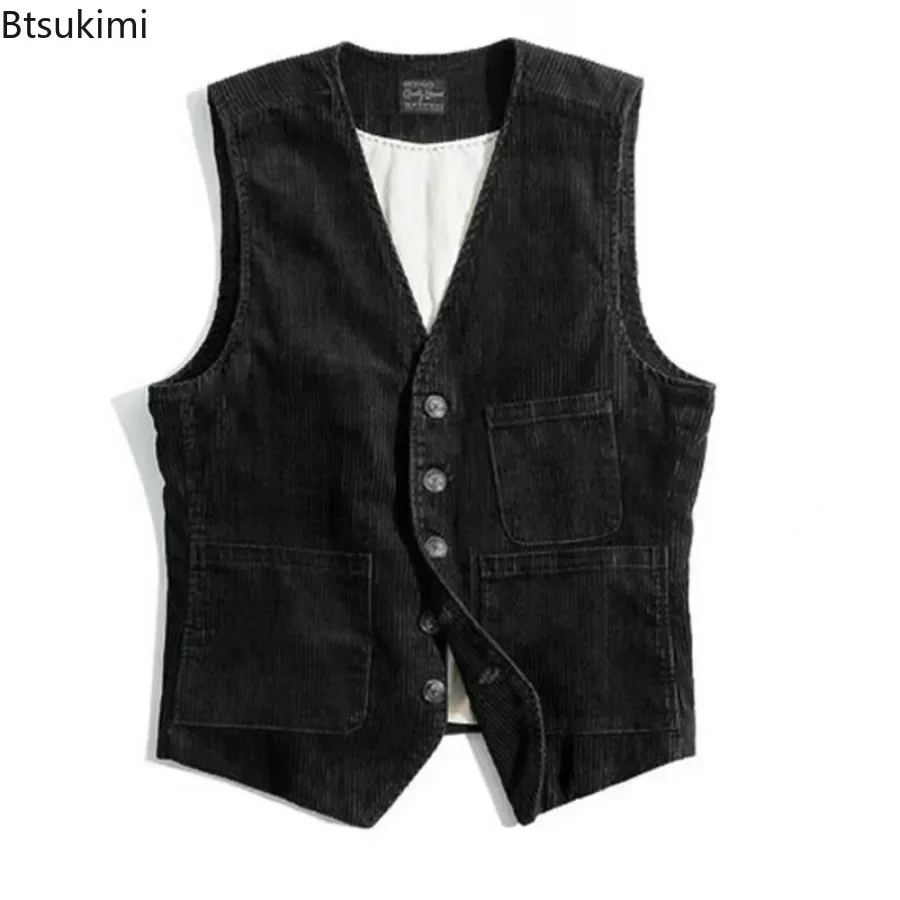 New Men\'s Retro Tooling Waistcoat Corduroy Vests Fashion Casual Versatile Vest Jackets V-Neck Gentleman Business Men\'s Tank Tops