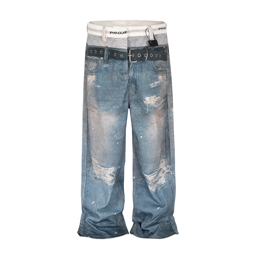 

Vintage 3D Printed Waistband Distressed Hole Bagy Jeans for Men Streetwear Washed Casual Loose Denim Trousers Oversized