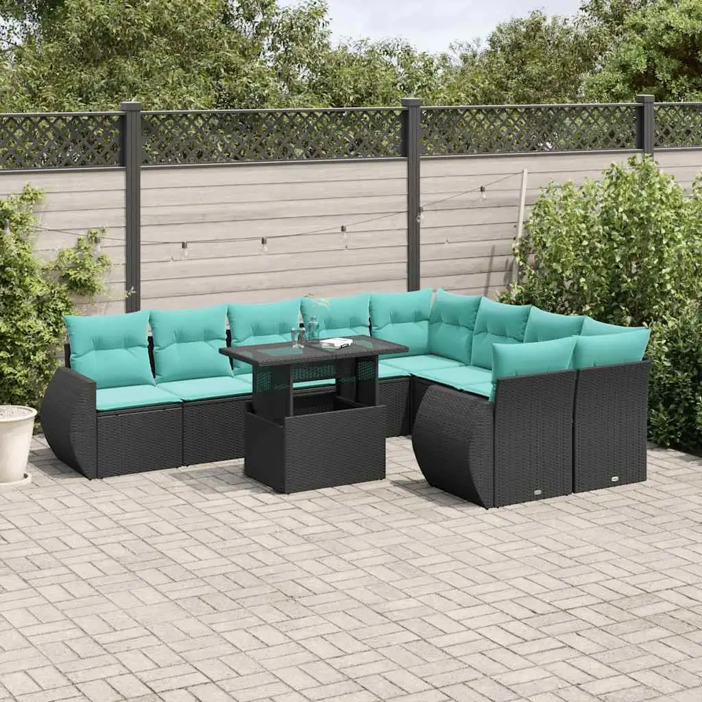 

10 Piece Black Poly Rattan Outdoor Sofa Set with Cushions Garden Furniture Seating