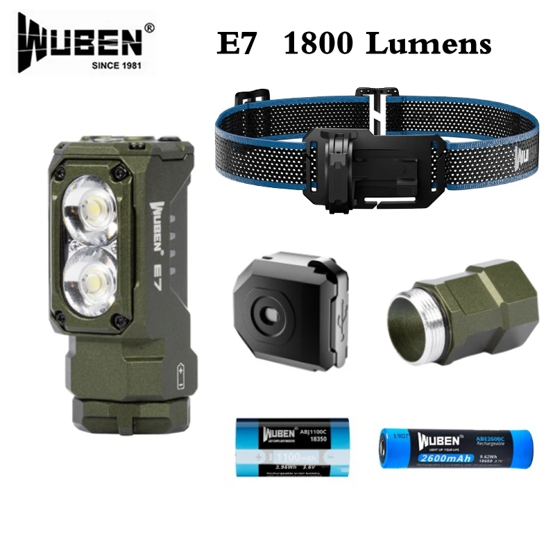 WUBEN E7 Headlamp 1800Lumens 180° Beam Range Portable Waterproof Magnetic Rechargeable Flashlight For Outdoor Camping Running