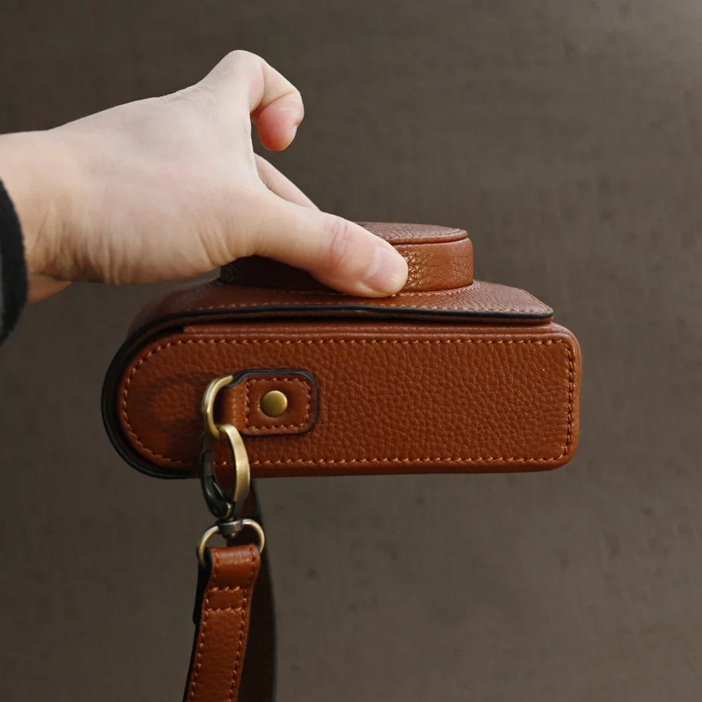 Leica Sofort2用の本革カメラバッグ,完全保護ケース,ショルダーストラップ付きベースグリップ