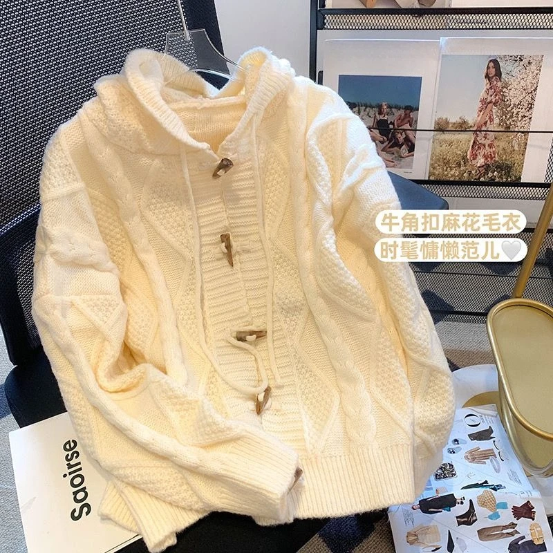 

Autumn France Warm Loose Tops Women Chic Design Bull Horn Buckle Sweater Female Pretty Fashion Hooded Knitting Cardigan New