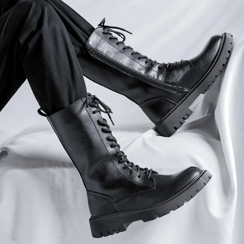 Men's High-Top Genuine Leather Boots British Style Casual Riding Boots Fashionable Motorcycle Boots Thick Sole Zipper Work Shoes