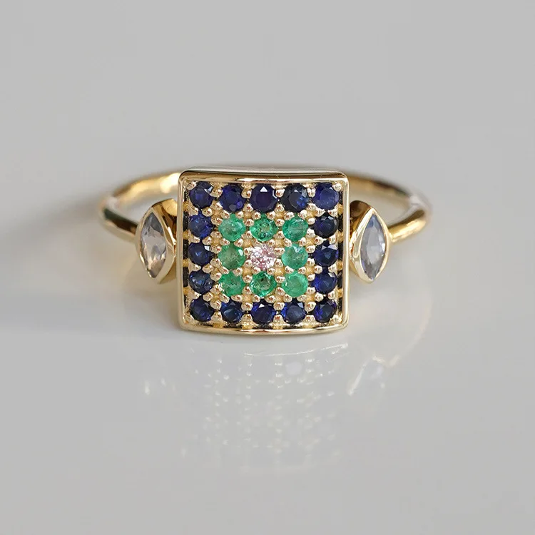 Byzantium Era Replica 9k Gold Sapphire Emerald Diamond Cushion Finger Band Ring For Women Men Vintage Art Deco Gemstone Jewelry