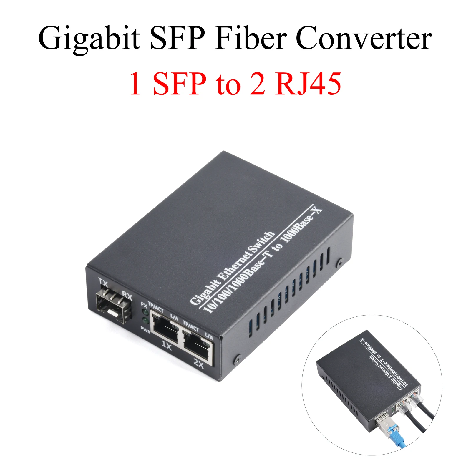 Convertidor de medios Gigabit SFP 1 SFP a 2 transceptor RJ45, interruptor de fibra óptica de 10/100/1000M con módulo LC/SC SFP de 3KM/20KM