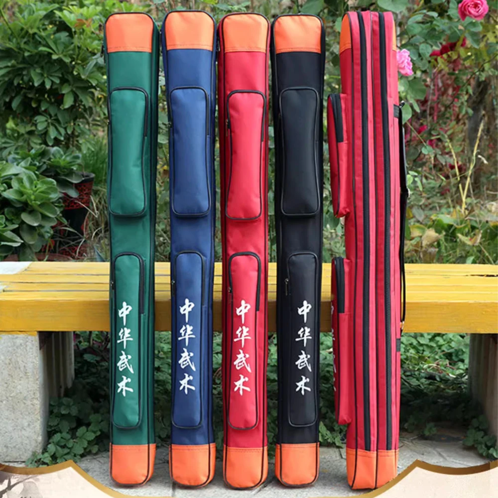 Waterproof Durable Oxford Canvas PU Leather Head End Chinese Martial Arts Tai Chi Sword Shoulder Bag Double Layer for 2 Swords