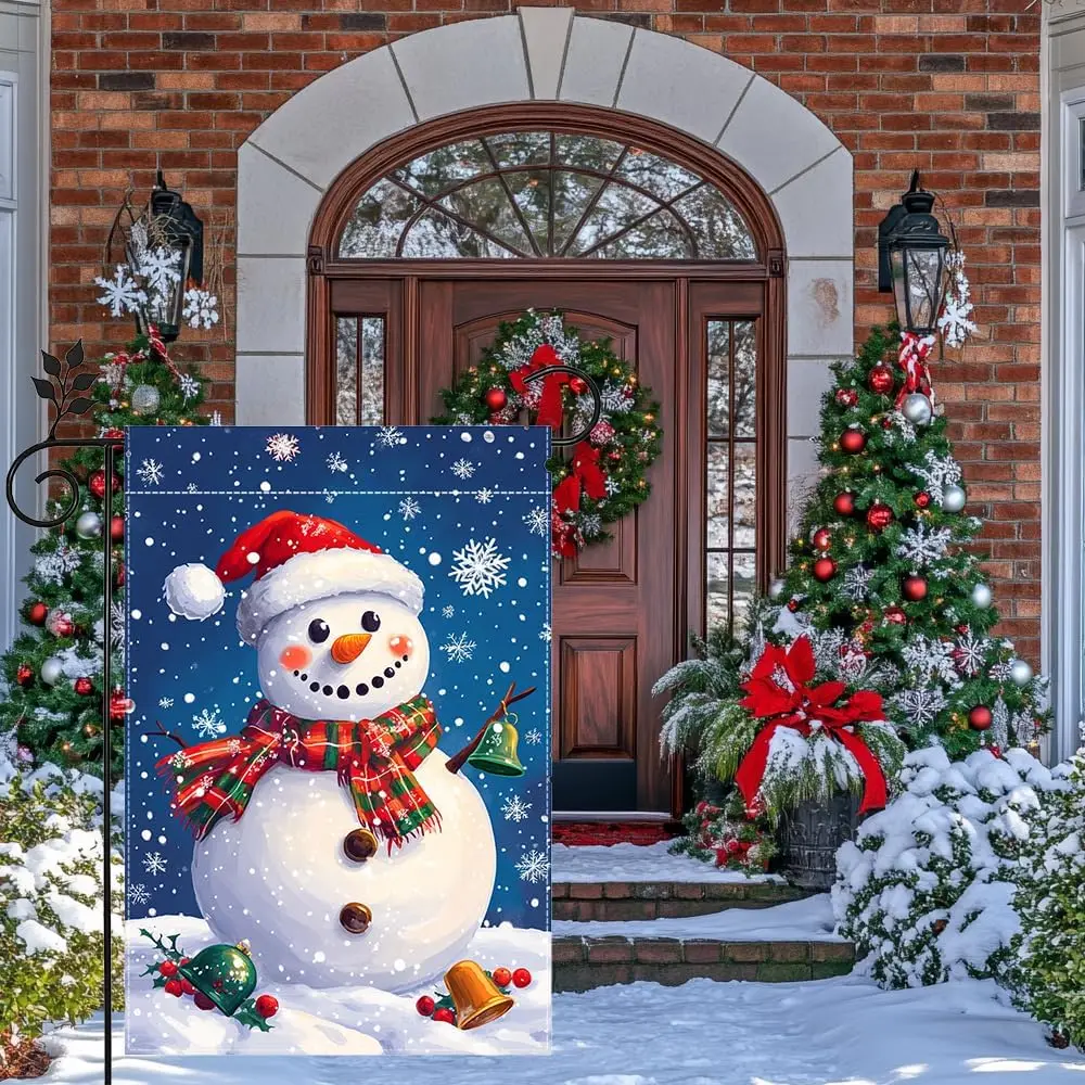 Winter Snowman Snowflake Garden Flag for Outside, Christmas Bell Welcome Yard Flag 12x18 Inch Double Sided Burlap Holiday Fa uui