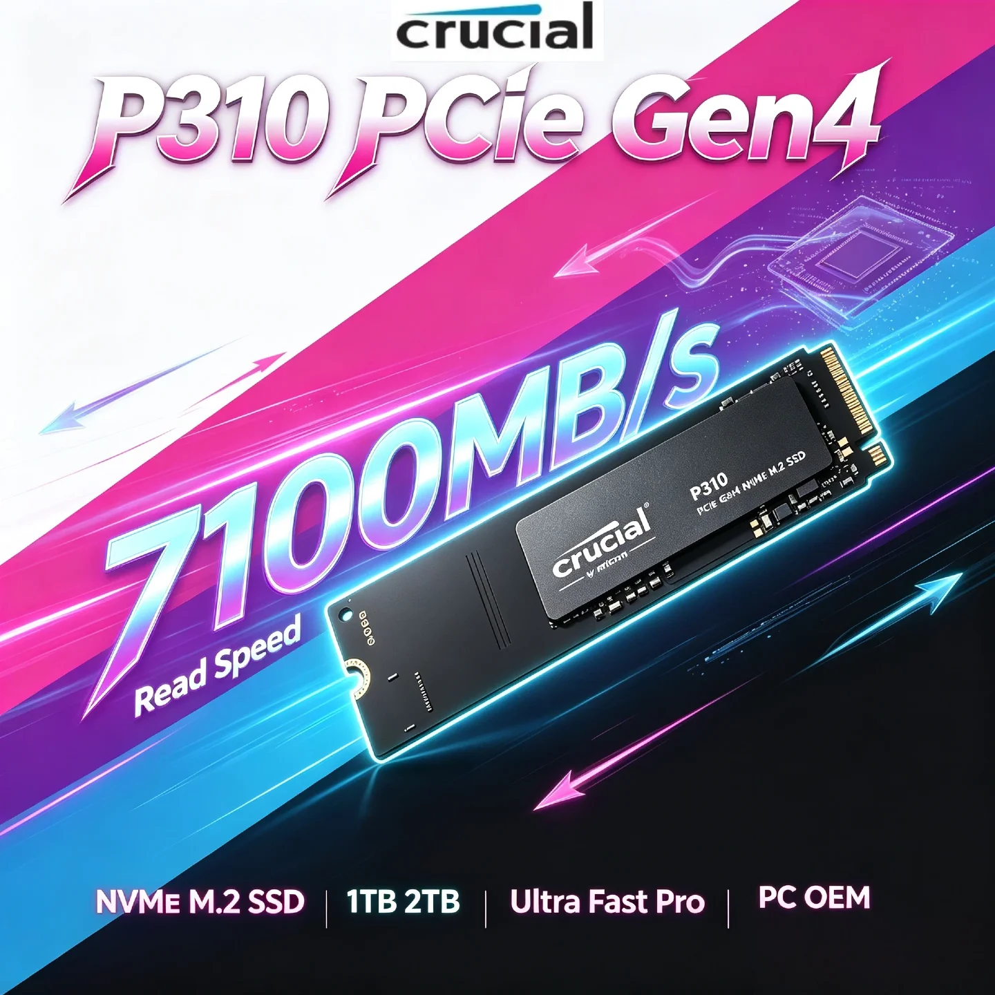 Crucial P310 1TB 2TB M.2 2280 PCIe Gen4 NVMe SSD com velocidade de até 7100MB/s, unidade de estado sólido interna para PC, pacote OEM Pro Max.