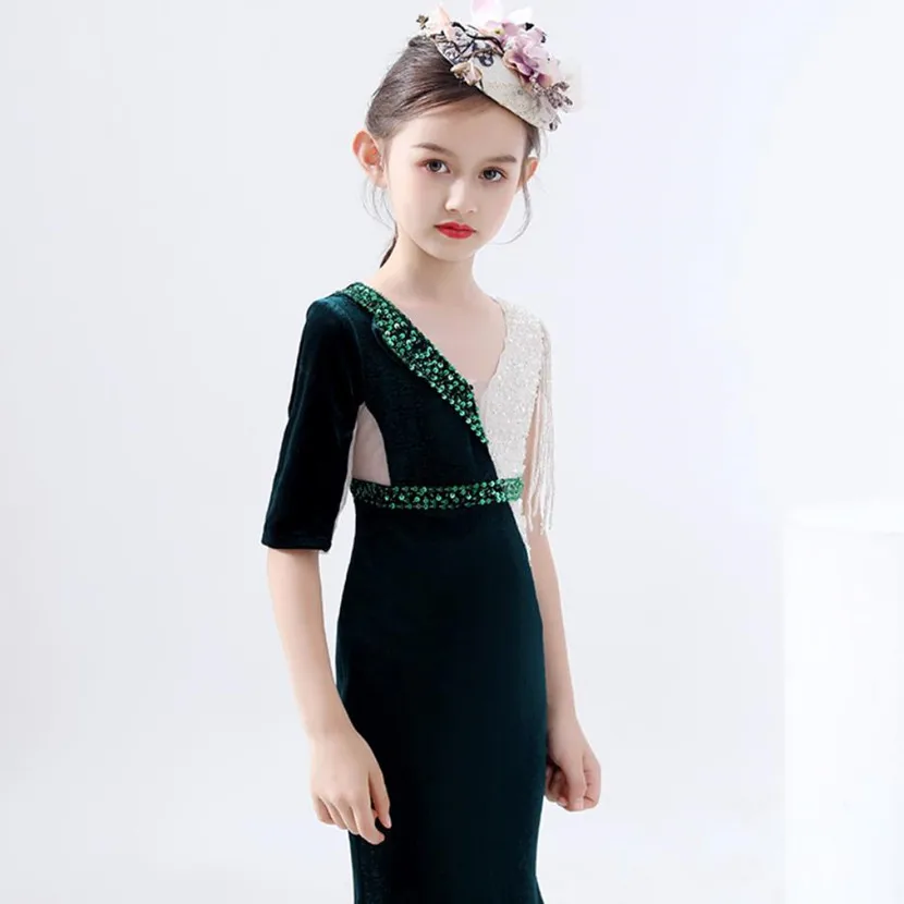 High End Sequines Stitching Mermaid Evening Gown Children\'s Catwalk Birthday Baptism Eid Party Girl Elegant Dress A2312