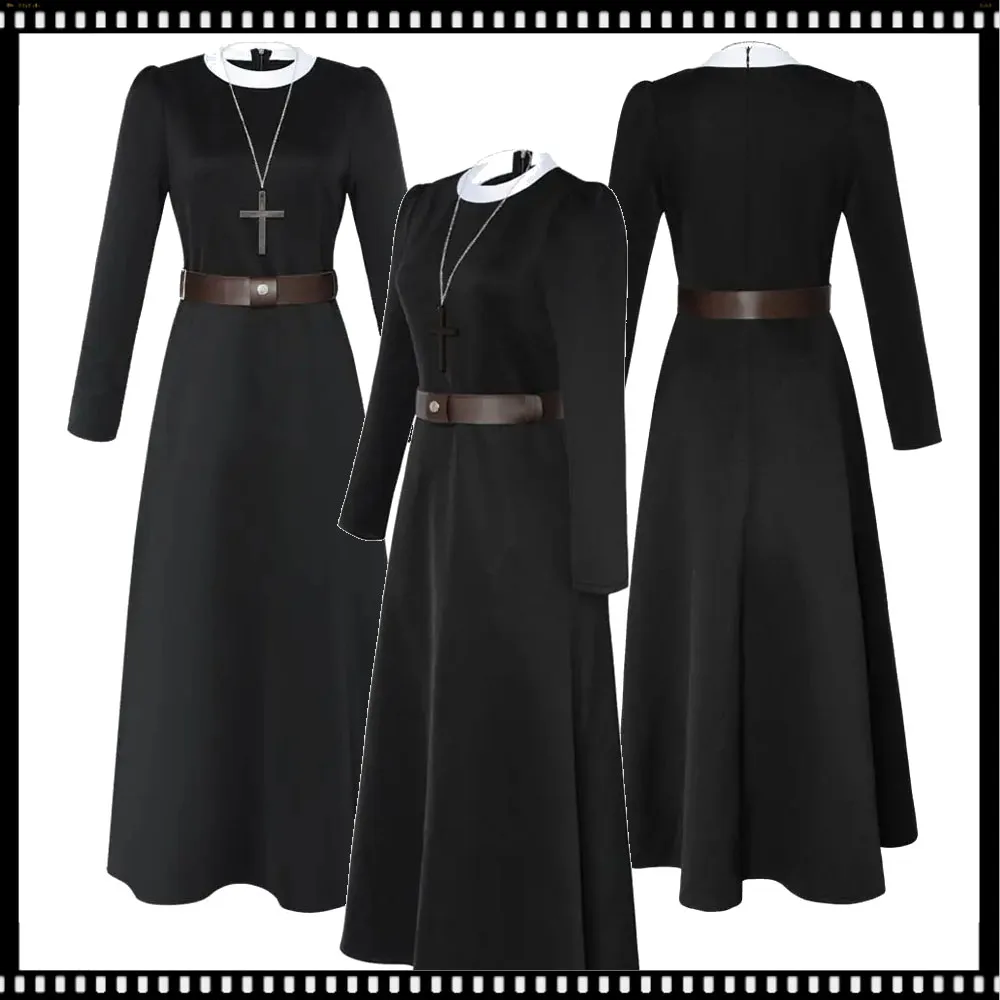 Adult Women Nun Cosplay Costume Black Dress Cross Necklace Belt Outfits Movie The Conjuring Halloween Carnival Clothes Suit