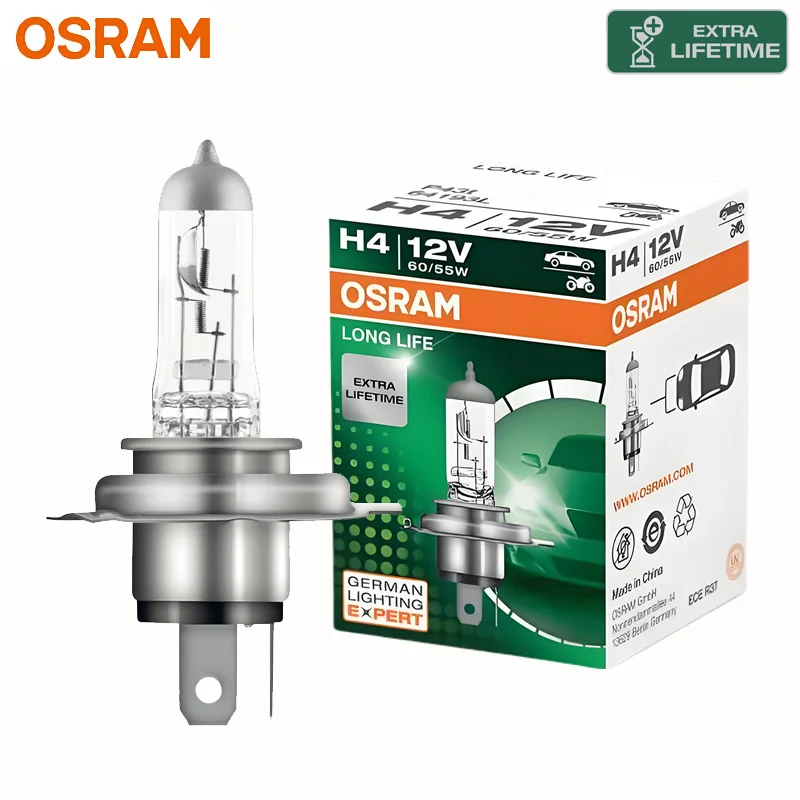 Bombilla Halógena para Auto OSRAM LONG LIFE H4 HB2 9003, Bombilla Original para Auto P43t 12V 60/55W, Más Duradera, Luz Alta y Baja Estándar 1/2X