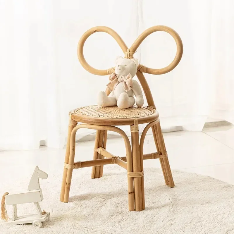 Natural Indonesian Rattan Chair for Kids Bow Design Photography Prop Simple Log Color Baby Seat Korean Style Nursery