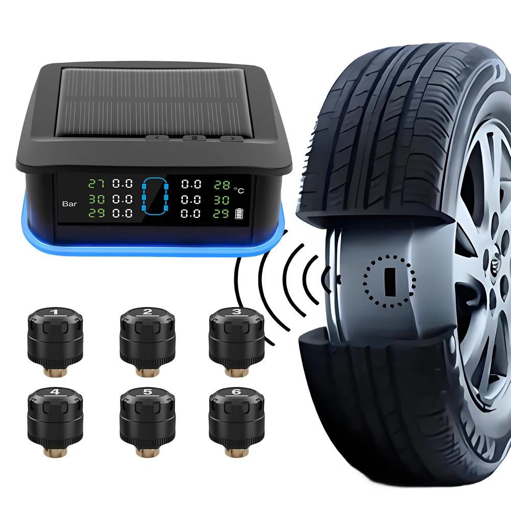 

USB/Solar TPMS with 6 Sensors Tire Pressure Monitor System Tyre Temperature Monitor for RV Trailer Camper
