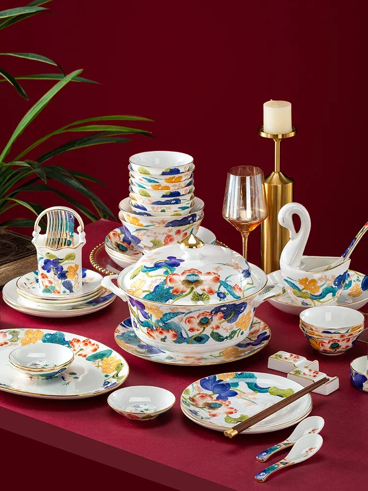 Bowl and Dish Set Household High-End Chinese Jingdezhen Ceramic Bowl and Plate High-Grade Bone China Tableware