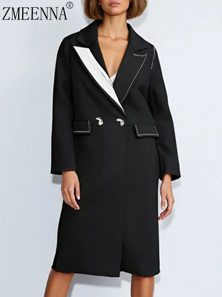 

ZMEENNA Elegant Double Breasted Blazer For Women With Contrasting White Lapel Collar Long Outerwear For Casual Fall ZM4122
