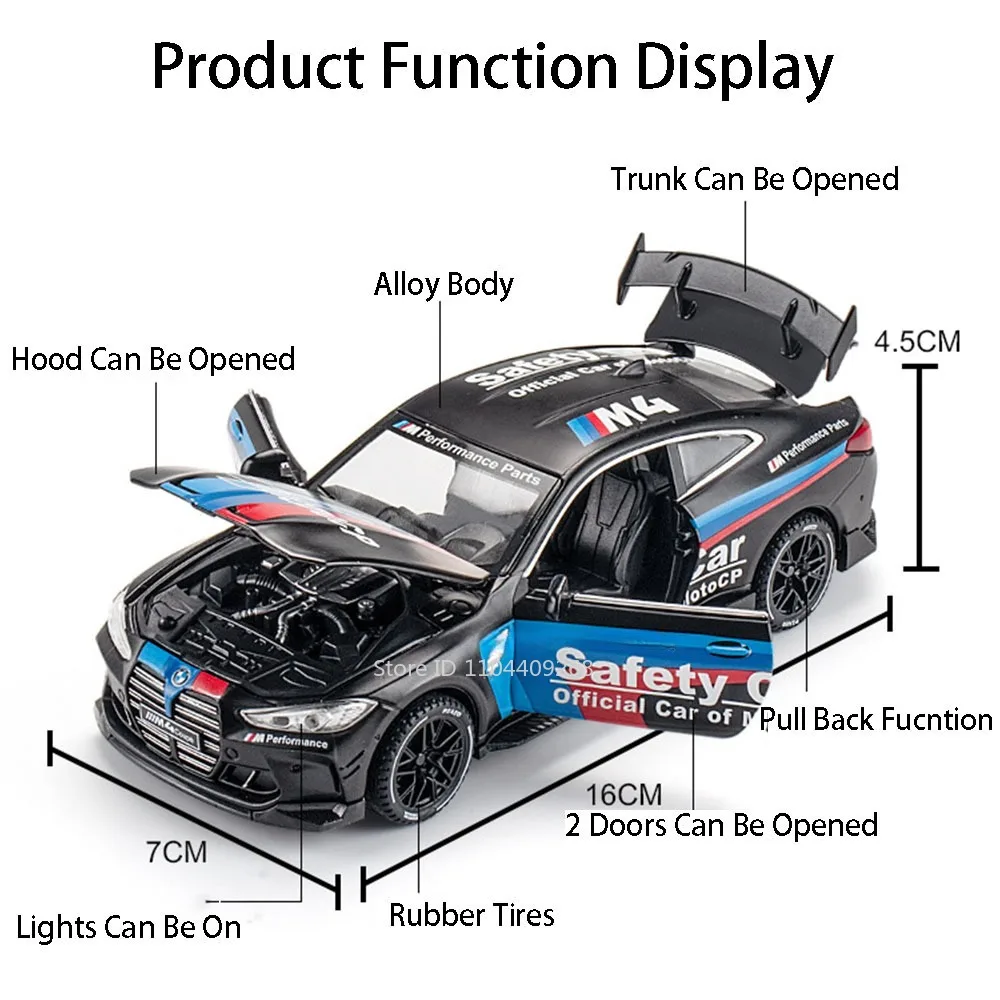 1:32 M4 Diecast Alloy Car Toys GTR Model with Sound Light Pull Back Miniature Models Doors Opened Exquisite Vehices Gift for Boy