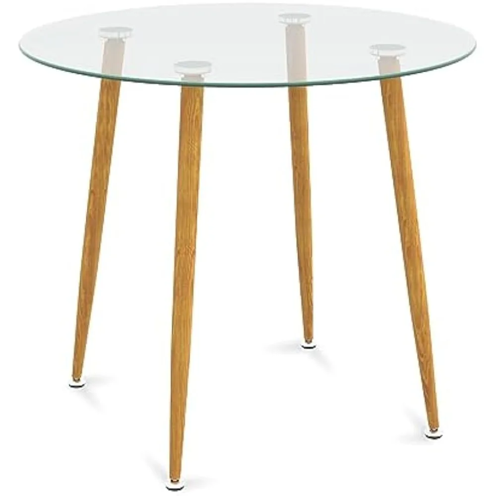 

Round Glass Dining Table, Kitchen Dinner Table w/Tempered Glass Tabletop & Metal Legs