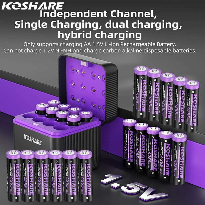 KOSHARE 1.5V LED Smart Battery Charger Set With AA Lithium Rechargeable Batteries 12 Slot Type-C Port Fast Charging Compartment