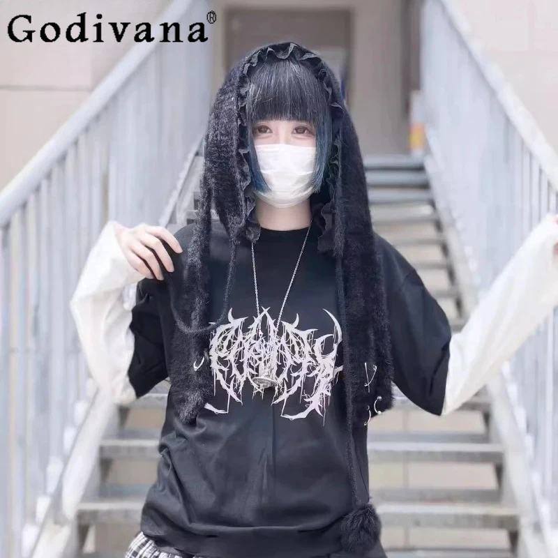 

Original Subculture Plush Warm Skullies Autumn Winter Girls Sweet Cool Gothic Punk Lolita Cos Y2K Rabbit Ear Knitted Hats 2025