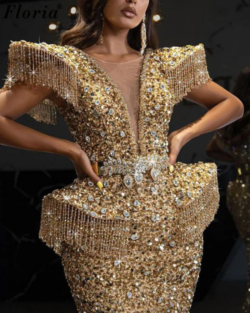 Vestidos de noite femininos Bling dourado, Vestidos de festa sereia luxuosos com cristais, Vestido de celebridades, Nova moda