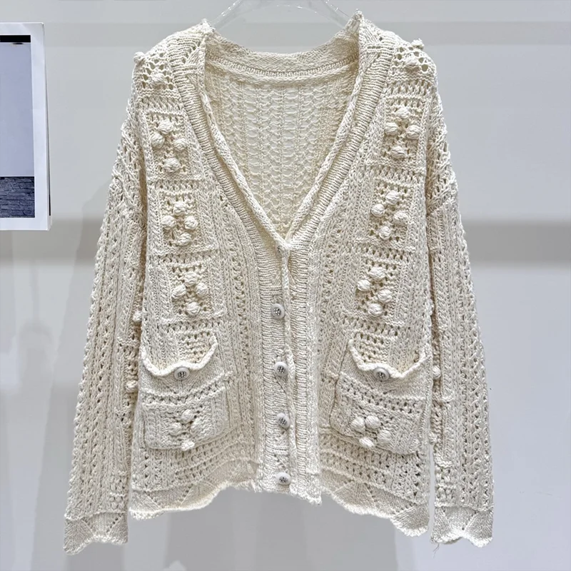 

Высококачественный женский кардиган с v-образным вырезом и объемным шариком в форме цветка 25100493