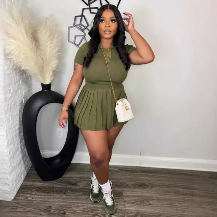 شقيقة ستار المرأة مريحة عارضة بولو طوق زر مطوي تنورة محبوك مزاجه أنيقة ركاب قطعتين مجموعة