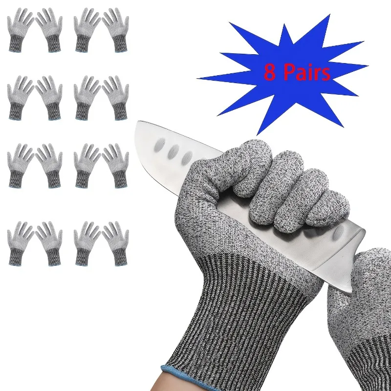 

8 Pairs 5th Level Cut-Resistant Safety Gloves HPPE Non-Slip for Machinery Seafood Cleaning Gardening Cut-resistant Work Gloves