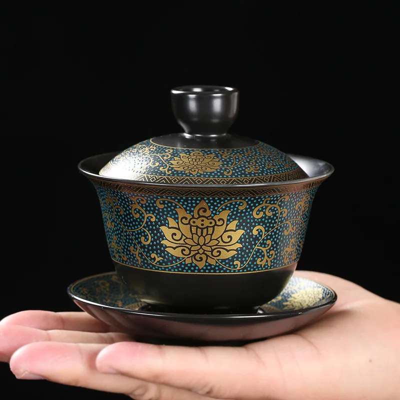 Chinese Teaset Classical Gaiwan Tea Cups Black Clay Tureen 180ml Lid Bowl Saucer Traditional Handmade Tea Brew Tea Cup