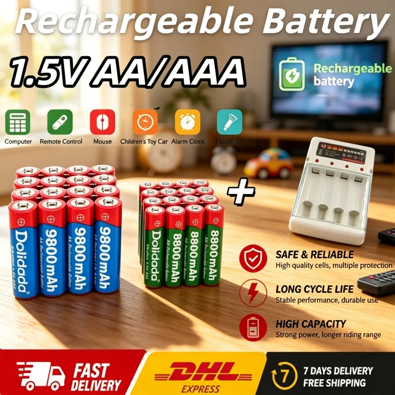 2026 Nuova batteria ricaricabile Dolidada 1,5 V, modello AA 9800 mAh/AAA 8800 mAh, ideale per giocattoli telecomandati e torce.