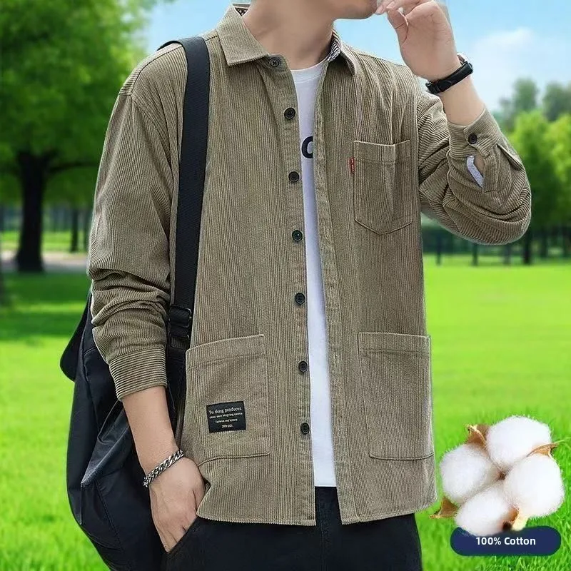 

Autumn Winter Men's Long Sve Cotton Corduroy irt Casual Loose Fit Multi ket Workwear Sle Outerwear T-irt