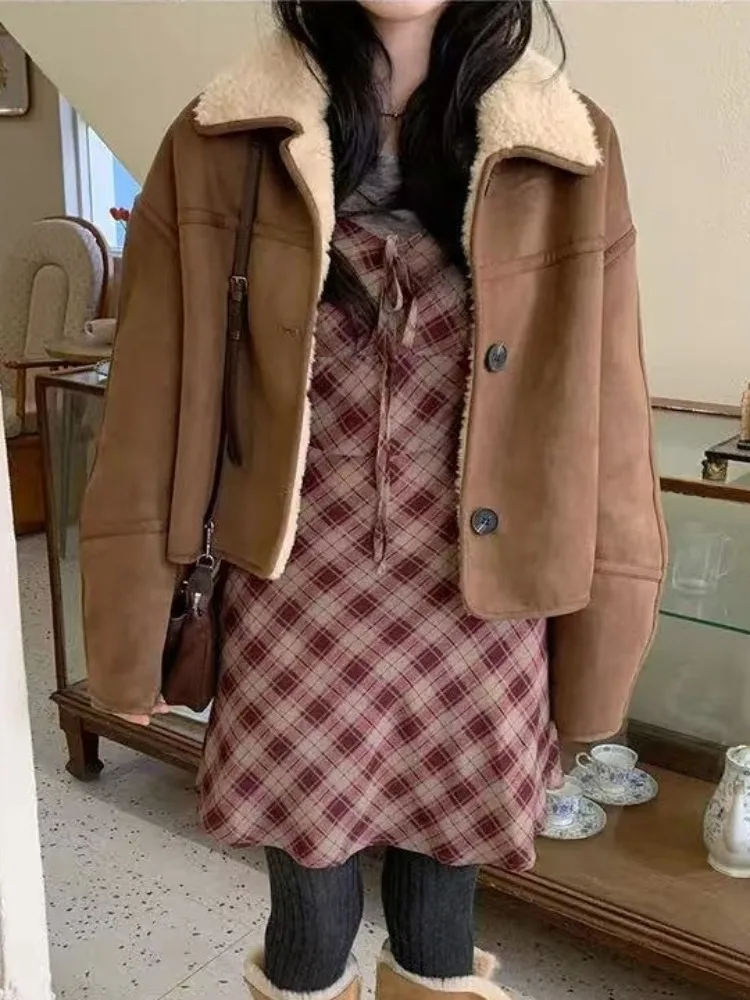 

Шикарная винтажная зимняя куртка из овечьей шерсти с одной пуговицей и воротником-стойкой, женская модная верхняя одежда в корейском стиле для весны и осени