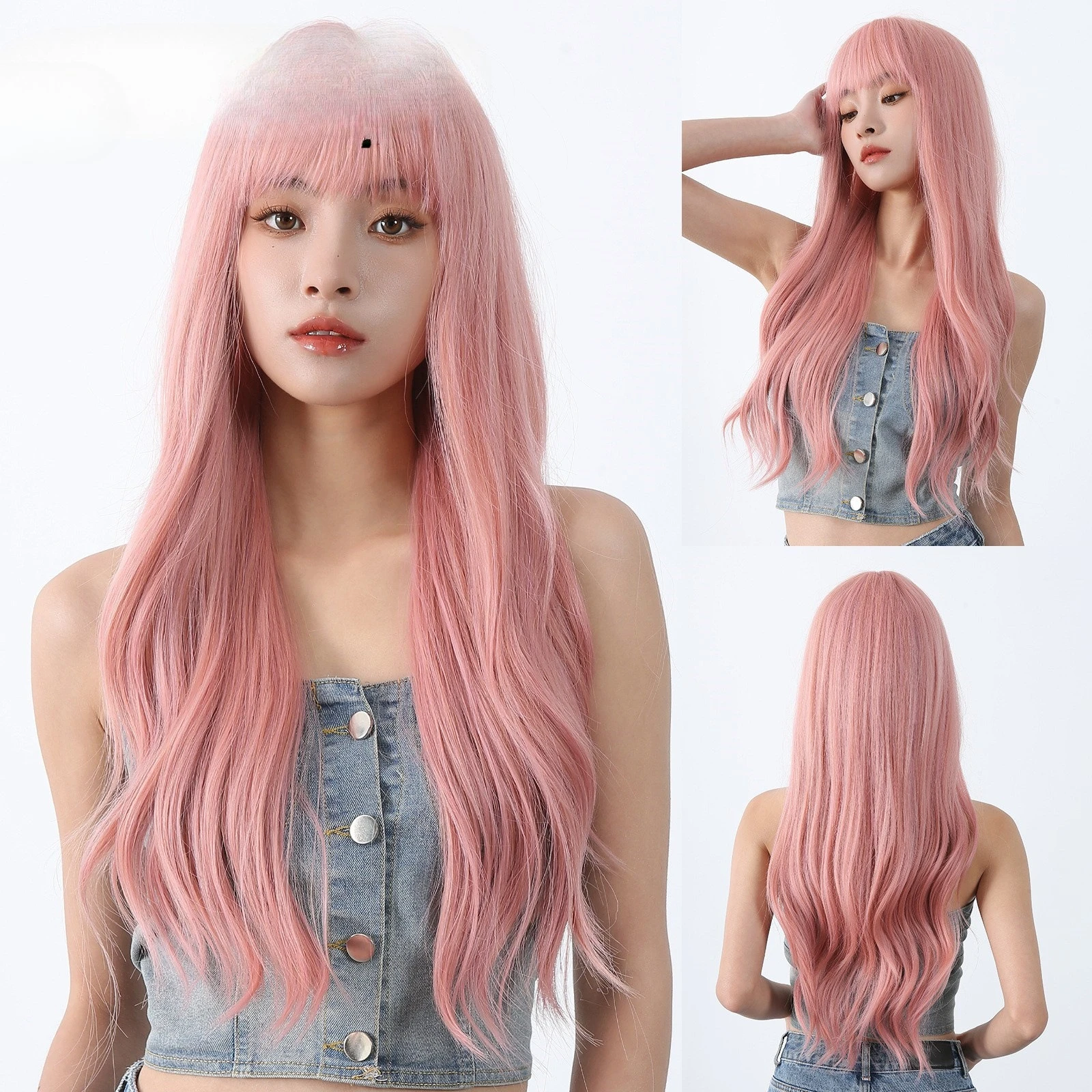 

Парик женский, длинные вьющиеся волосы, белый, корейский, ретро, грязный, розовый, длинные вьющиеся волосы, большая волна, полный капюшон