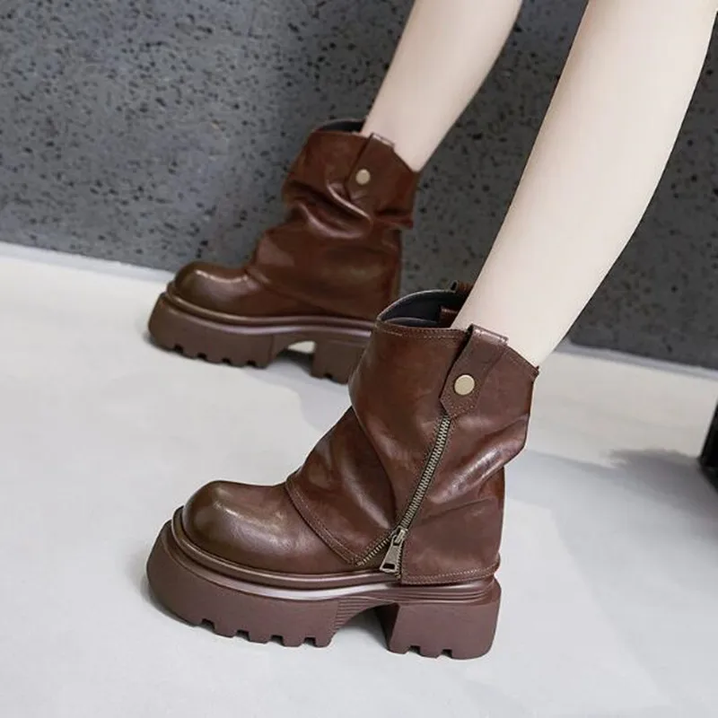 

Winter Autumn Gothic Style Chunky High Platform Women Ankle Boots Elegant Walking Comfy Motorcycle Shoes Woman Punk Leather Boot