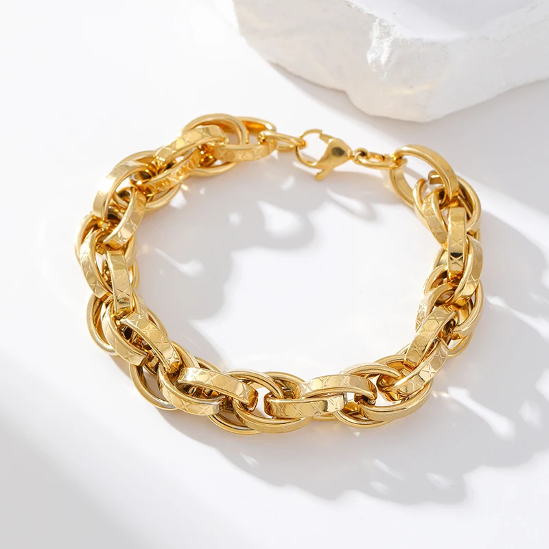 GANEMLY 316L Stainless Steel Metal Thick Cuban Chain Bangle Bracelet For Women Fashion Gold Color Wrist Chain Waterproof Jewelry