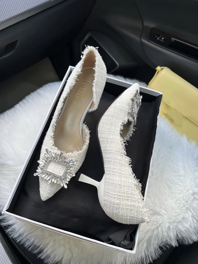 Décolleté da donna con strass di Design bianco primavera moda punta a punta femminile tacco alto poco profondo eleganti scarpe da lavoro da donna