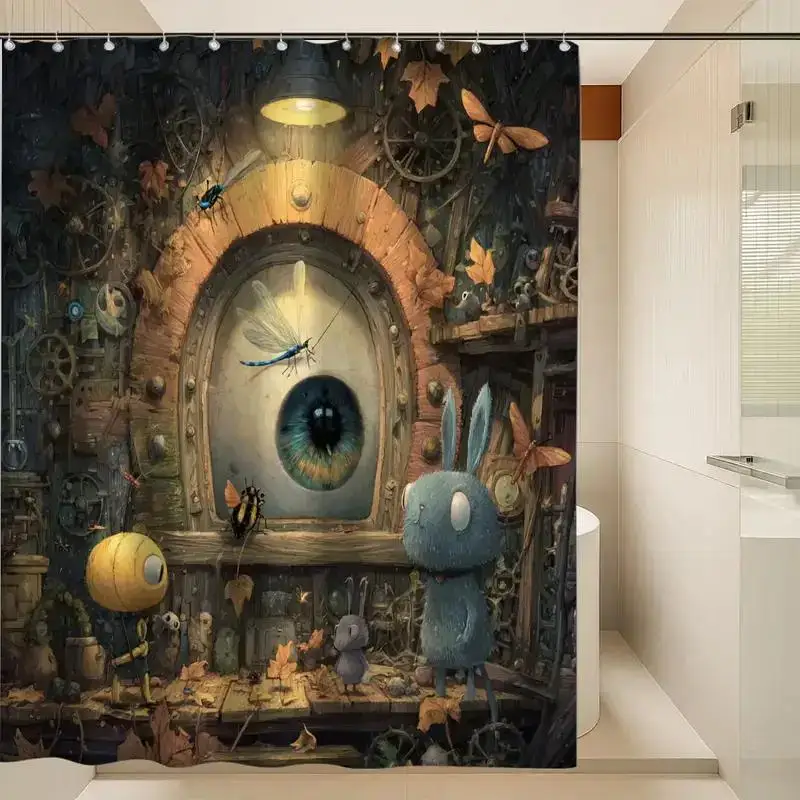 Whimsical Steampunk Fantasy Shower Curtain Gothic Autumn Bathroom Decor Woodland Gears Cabinet Scenery Novelty Design Art Prints