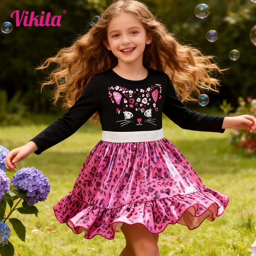 Girls Leopard Print Cat Dress Kids Long Sleeve Autumn Spring Pink Shiny Ruffled Frocks Kids Fashion Stylish Party Casual Dresses