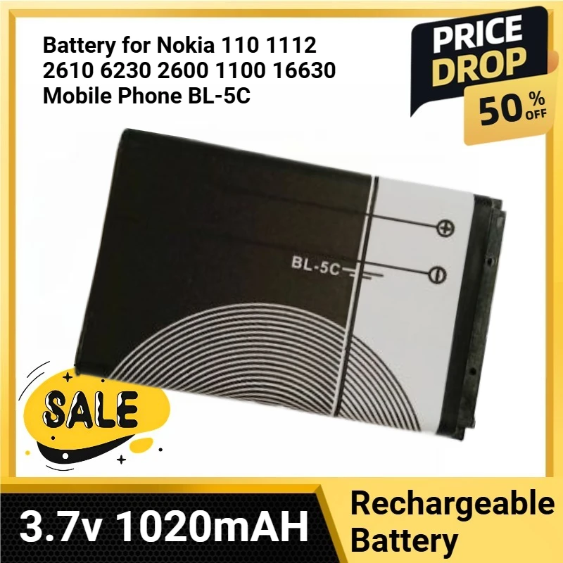 

3.7v 1020mAH Rechargeable Li Ion Batteries BL5C BL 5C Battery for Nokia 110 1112 2610 6230 2600 1100 16630 Mobile Phone BL-5C