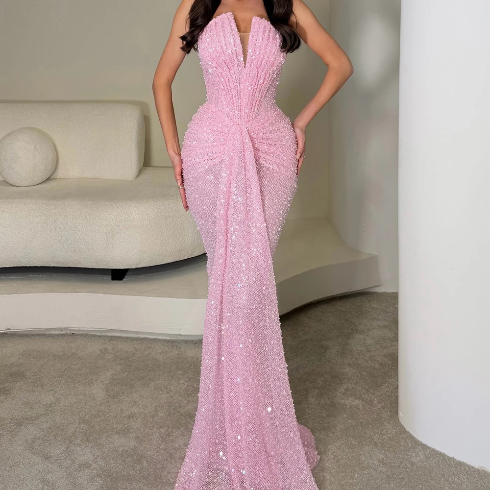 A-Linien-Abendkleider für Damen, bodenlang, trägerlos, ärmellos, Ballkleid, modisch, mit Pailletten, plissiert, schlicht, drapiert, maßgeschneiderte Kleider