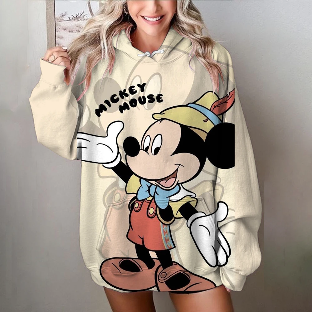 Disney Minnie Mickey Mouse print Hoodies Women Autumn Loose Hooded Shirt Grunge Street Sweatshirt Y2k Clothes Oversize Pullovers