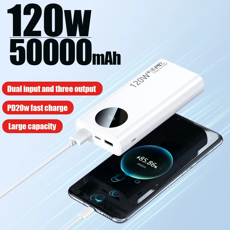 Lenovo 120W Power Bank Super szybkie ładowanie 50000mah duża pojemność do mobilnego zasilania bateria zewnętrzna do Iphone Xiaomi Samsung