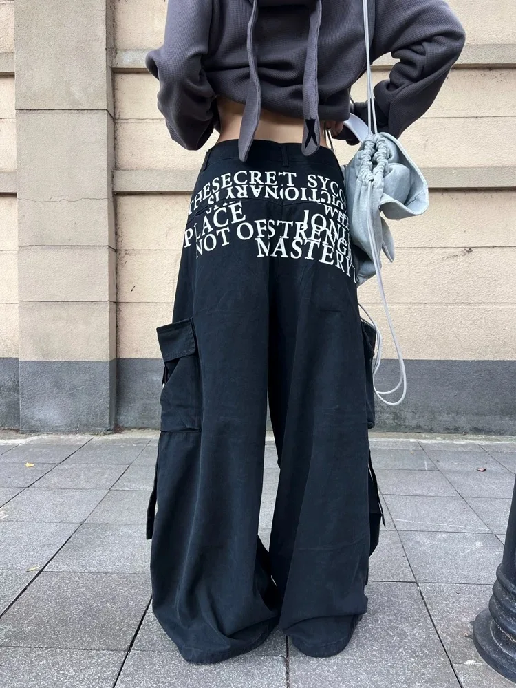 

American Vintage Print Multi Pocket Cargo Pants for Men and Women Autumn Designed Loose Wide Leg Floor Length Trousers