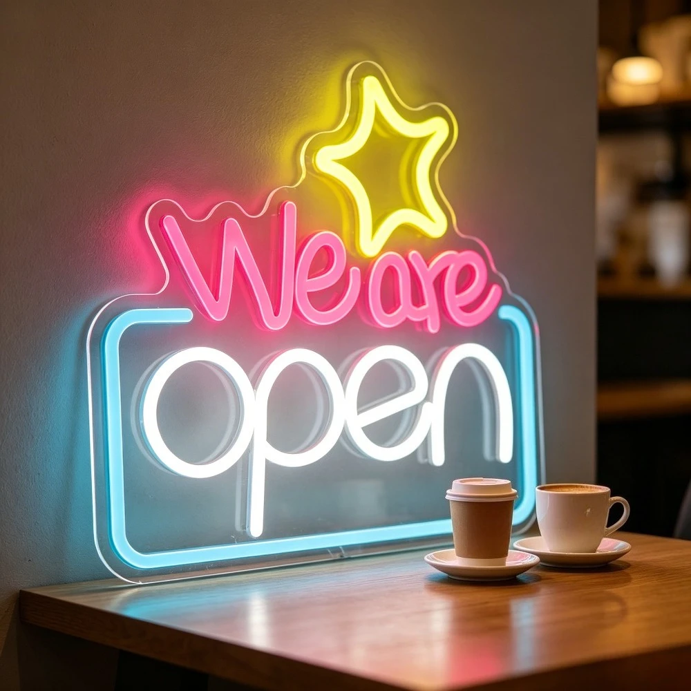 

We Are Open Neon Sign LED USB Dimmable Coffee Shop Wall Art Night Light for Storefront Window Small Business Grand Opening Gift
